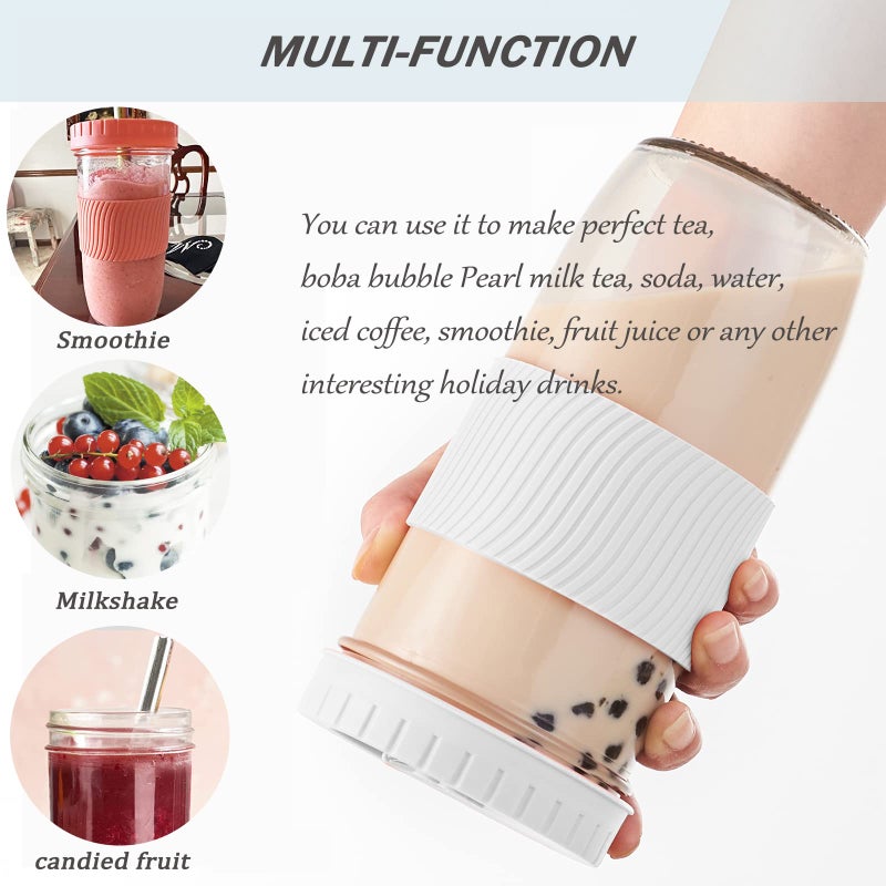 Amyoole 2 Pack Reusable Boba Cup,24Oz Wide Mouth Smoothie Cup,mason Jar Glass Cups with Lids and Straws,Bubble/Boba Tea Cups,Ice Coffee Tumbler 2 colored straws 1 sponge brush(White) - Image 3